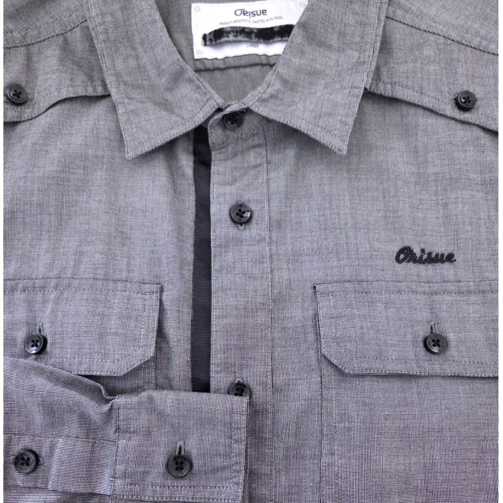 Orisue Grey Long Sleeve Button Utility Architect Shirt Sz L Micro Check Pocket